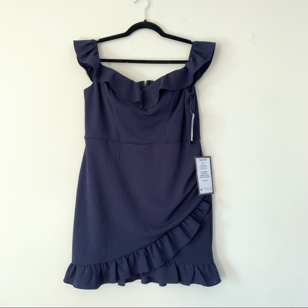 City Studio Off Shoulder Ruffle Faux Wrap Mini Dress